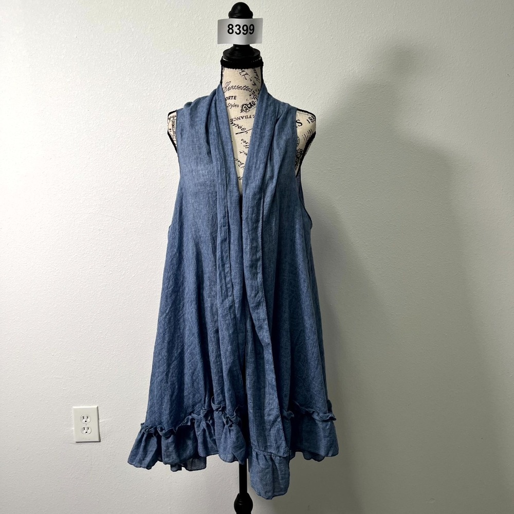 Womens Kimono One Size Blue Viscose Open Front Ruffle Hem Casual Layering